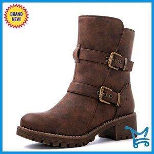 Faux Fur Lined Ankle Boots Winter Moto Boots Adjustable Buckles